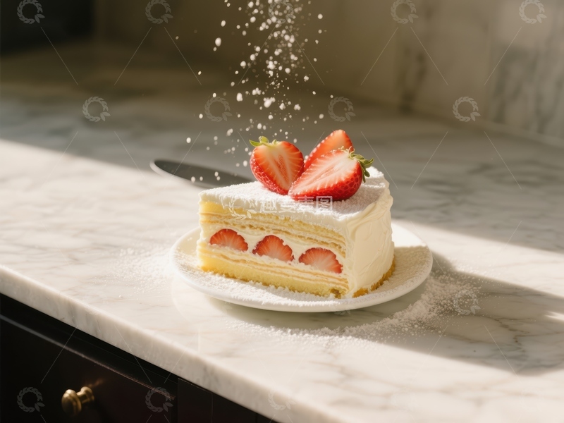 高清大图下载【趣麦麦图】草莓奶油蛋糕撒糖粉瞬间