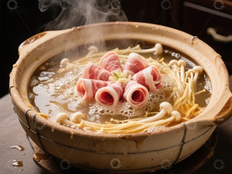 高清大图下载【趣麦麦图】热气腾腾的火锅，牛肉卷与金针菇