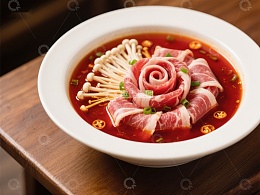 精美牛肉玫瑰摆盘，配以鲜红汤底