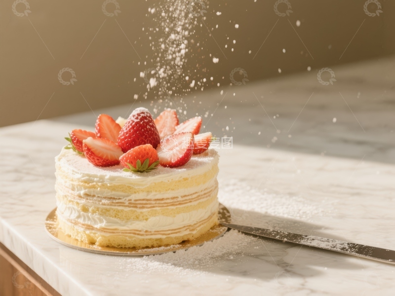 高清大图下载【趣麦麦图】草莓奶油蛋糕撒粉瞬间