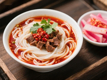 麻辣牛肉米粉，配以泡菜点缀
