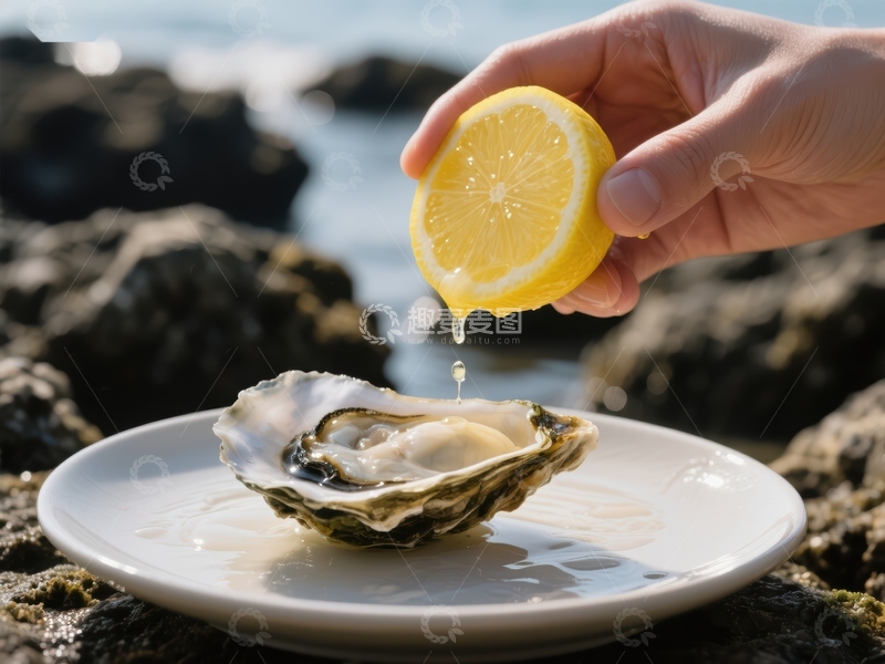 高清大图下载【趣麦麦图】柠檬汁滴入牡蛎，海边美食享受