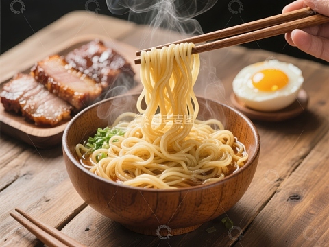 热气腾腾的拉面配叉烧和卤蛋