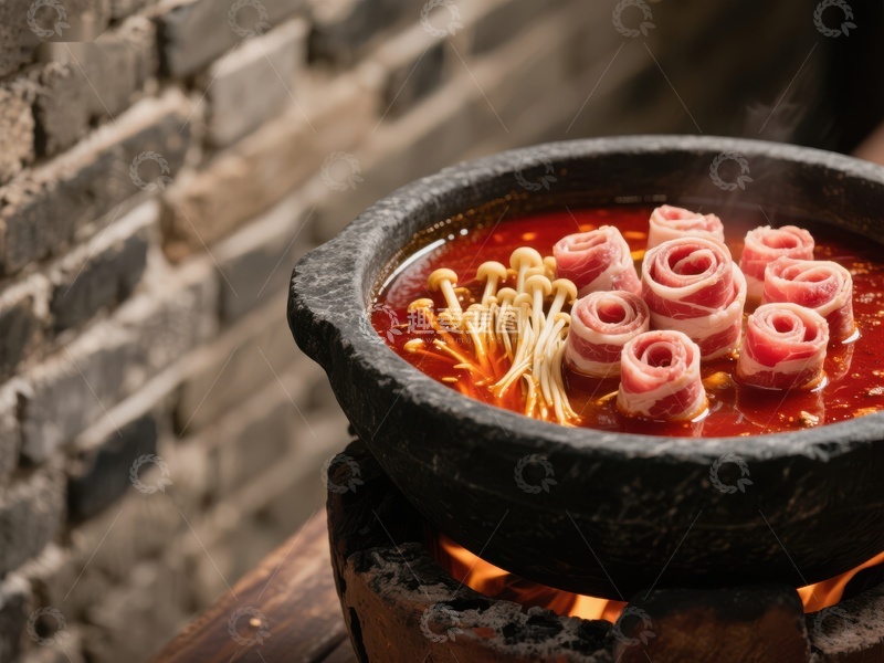 高清大图下载【趣麦麦图】石锅热煮牛肉卷与金针菇