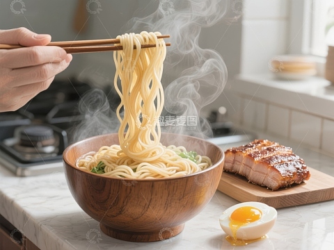 热气腾腾的面条与叉烧配蛋黄