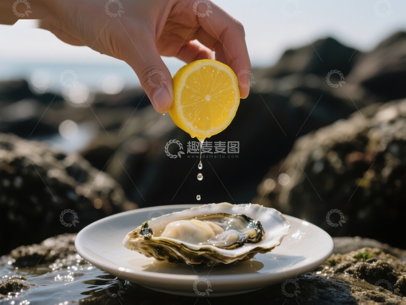 高清大图下载【趣麦麦图】柠檬汁滴入牡蛎，海边美食特写