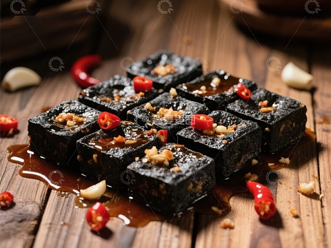 香辣黑糖糕，蒜蓉辣椒点缀