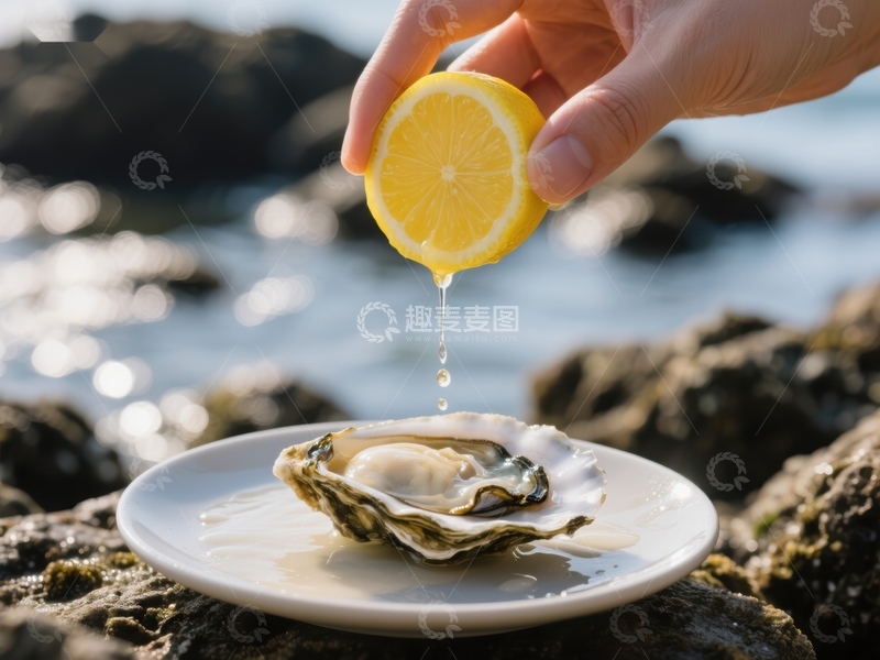 高清大图下载【趣麦麦图】柠檬汁滴入牡蛎，海边美食享受