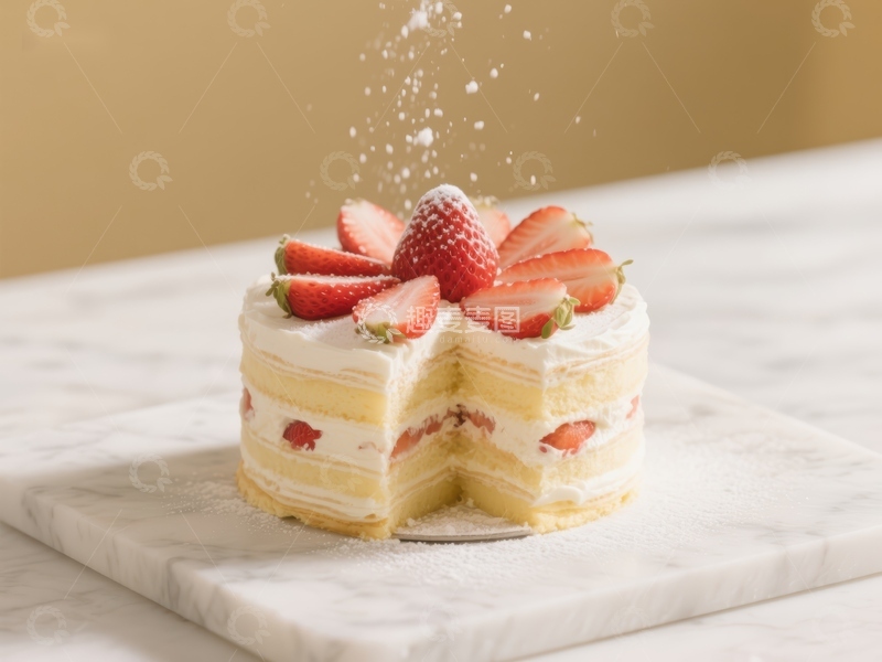 高清大图下载【趣麦麦图】草莓奶油蛋糕，撒上糖粉的瞬间