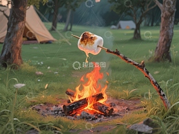 篝火旁烤棉花糖的露营场景