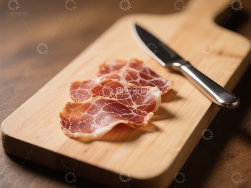 高清大图下载【趣麦麦图】木板上的薄切肉片与刀具