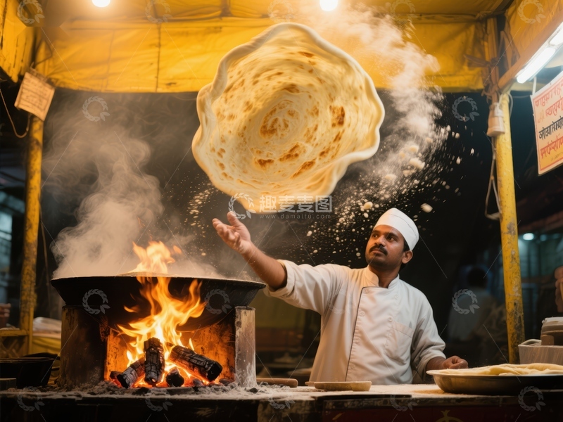 高清大图下载【趣麦麦图】-厨师翻烤面饼，火焰旁热气腾腾
