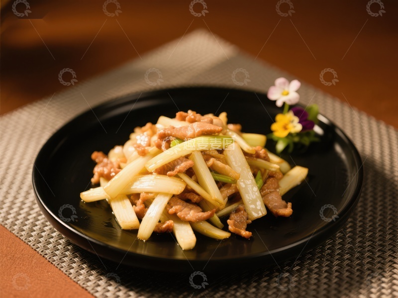 高清大图下载【趣麦麦图】-炒肉丝配笋片，精致摆盘