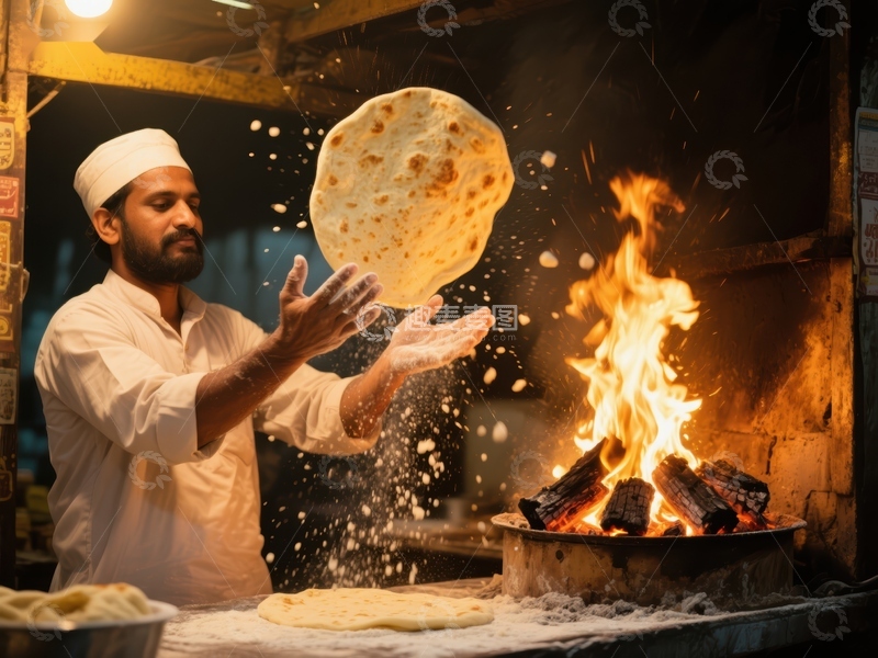 高清大图下载【趣麦麦图】厨师在火炉旁制作面饼
