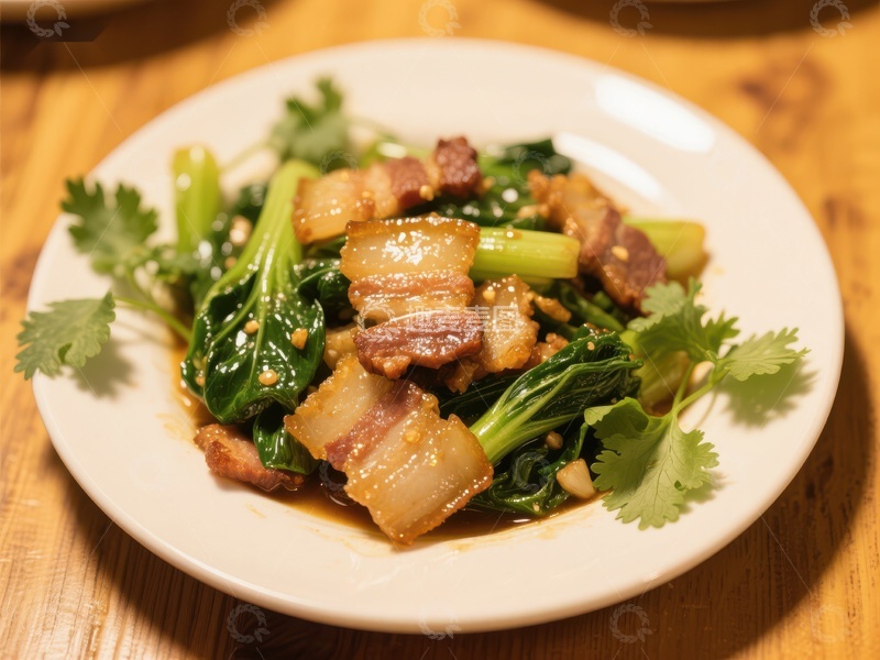 高清大图下载【趣麦麦图】炒青菜配五花肉