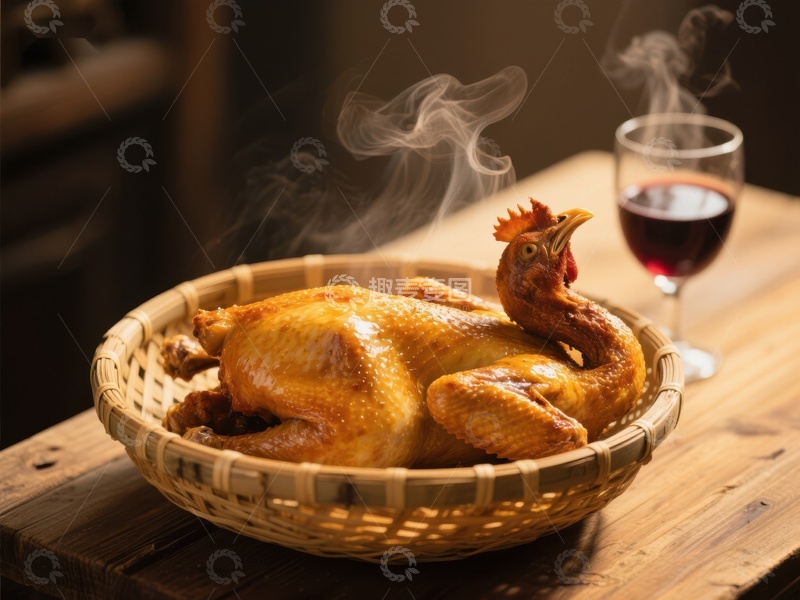 高清大图下载【趣麦麦图】热气腾腾的烤鸡配红酒