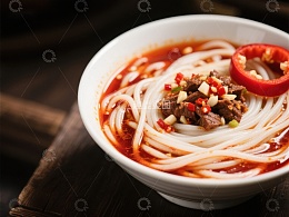 红油米粉配牛肉与辣椒