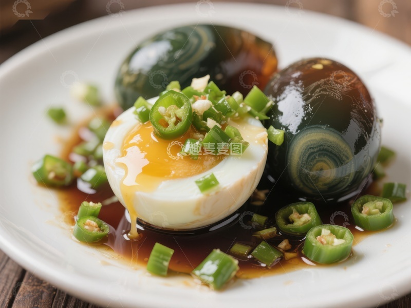 高清大图下载【趣麦麦图】半熟蛋配皮蛋，点缀青椒与酱汁