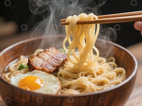 热气腾腾的拉面配叉烧和煎蛋