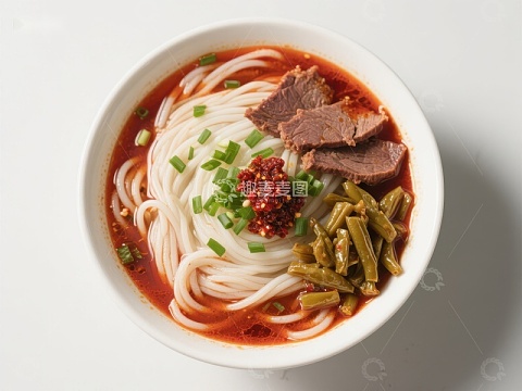 红油牛肉面配酸豆角和香菜