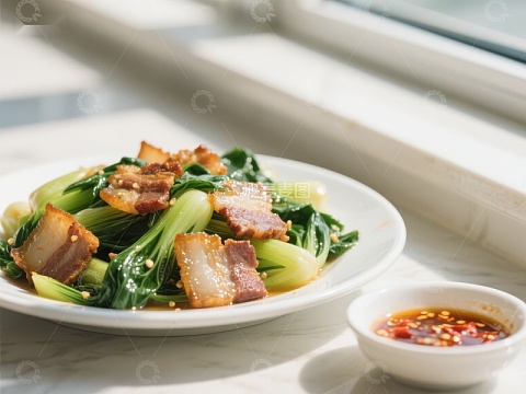 炒青菜配培根，佐以辣椒酱