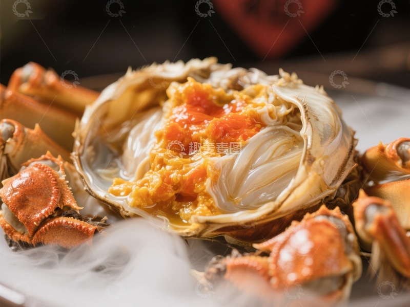 高清大图下载【趣麦麦图】蒸蟹开盖，蟹黄鲜美诱人