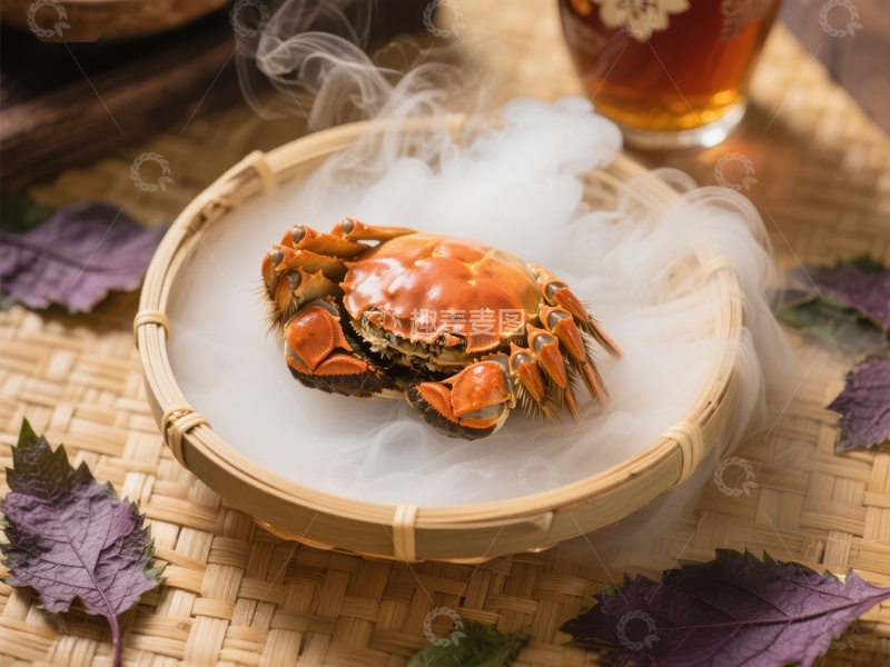 高清大图下载【趣麦麦图】蒸蟹热气腾腾，竹篮盛放