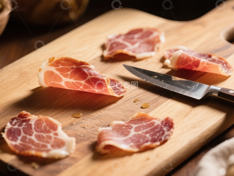 高清大图下载【趣麦麦图】切片火腿与刀具置于木板