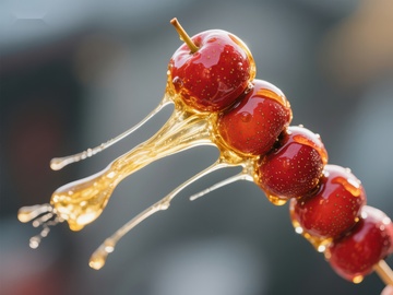 糖葫芦上的糖浆滴落瞬间