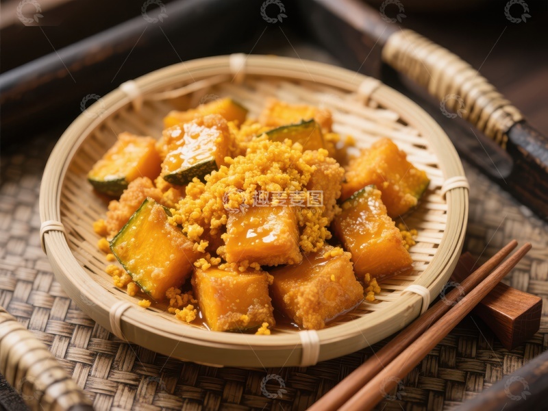 高清大图下载【趣麦麦图】金黄南瓜粒配松子，竹篮盛装