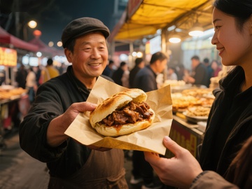 夜市摊主递给顾客美味肉夹馍