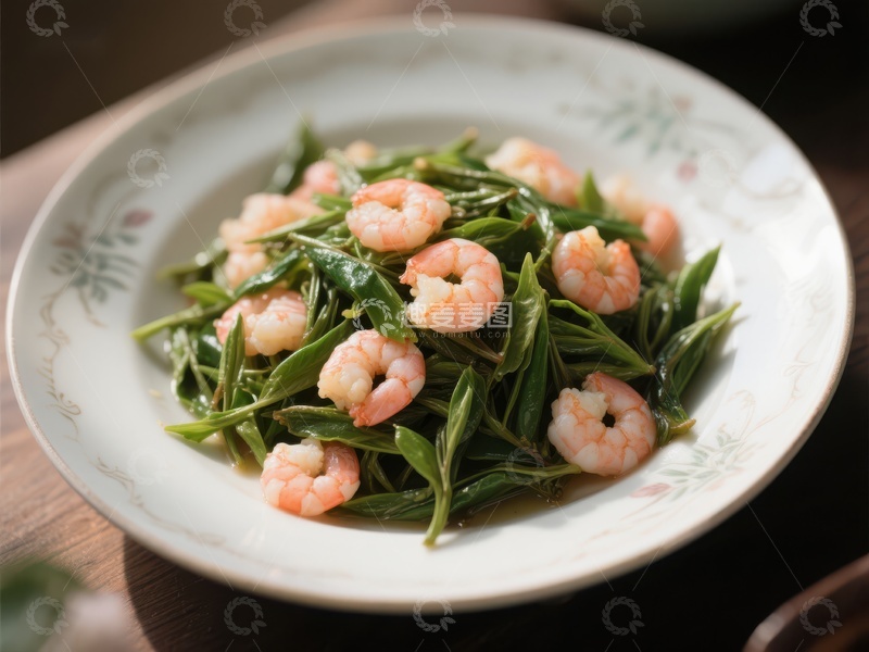 高清大图下载【趣麦麦图】龙井虾仁：清新绿茶与鲜嫩虾肉的完美结合