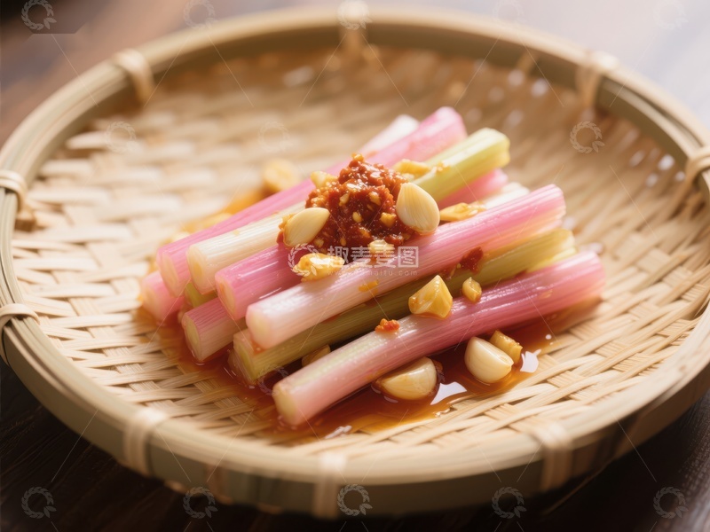 高清大图下载【趣麦麦图】腌制蒜苗配蒜粒，竹篮盛装