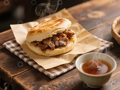 热腾腾的肉夹馍配茶