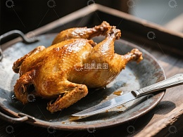 烤鸡金黄诱人，置于古朴盘中