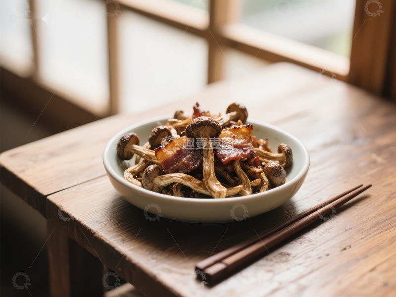 高清大图下载【趣麦麦图】菌菇培根炒菜，木桌上的美味佳肴