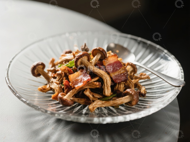 高清大图下载【趣麦麦图】玻璃盘中的蘑菇培根炒菜