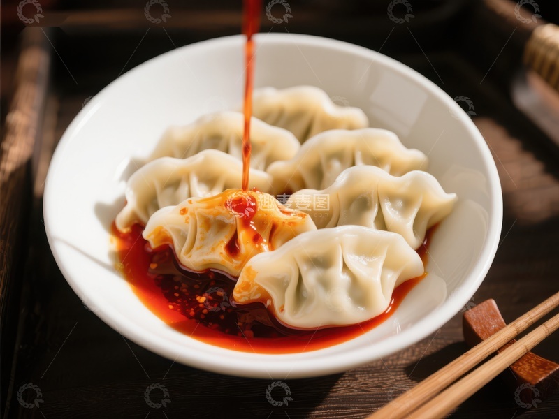 高清大图下载【趣麦麦图】热辣酱汁淋在饺子上的美食特写