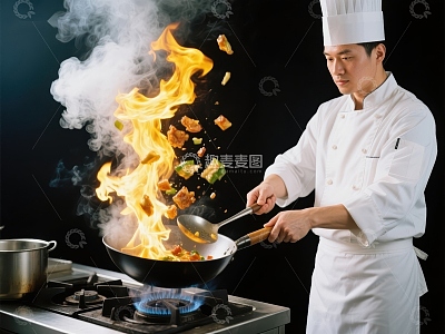 厨师炒菜，火焰四溅