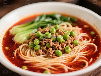红油面条配青豆与蔬菜