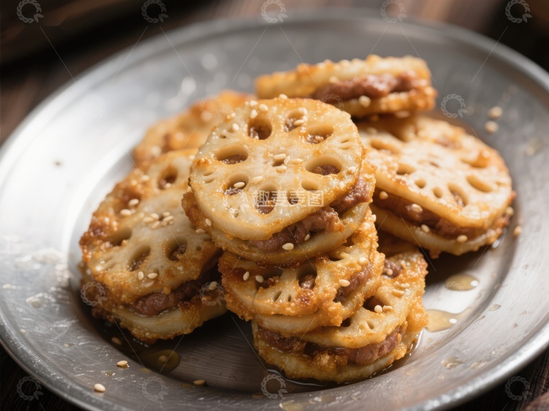 高清大图下载【趣麦麦图】莲藕饼堆叠盘中，撒芝麻点缀