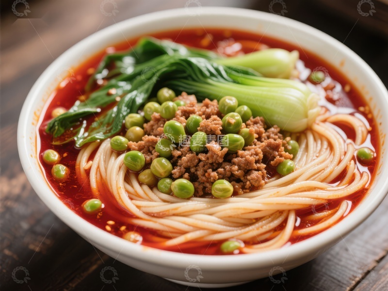 高清大图下载【趣麦麦图】红油面条配青豆与小白菜