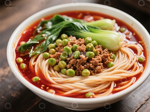 红油面条配青豆与小白菜