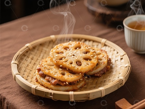 热腾腾的莲藕饼，搭配茶香四溢