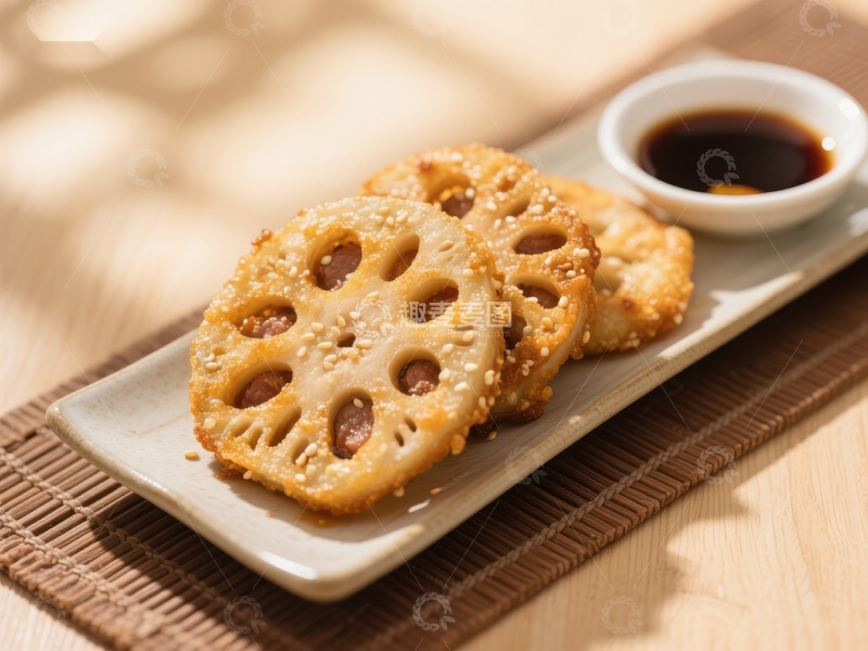高清大图下载【趣麦麦图】莲藕片煎饼配酱油碟
