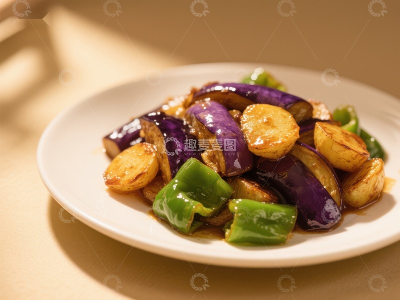 高清大图下载【趣麦麦图】炒茄子配青椒和土豆