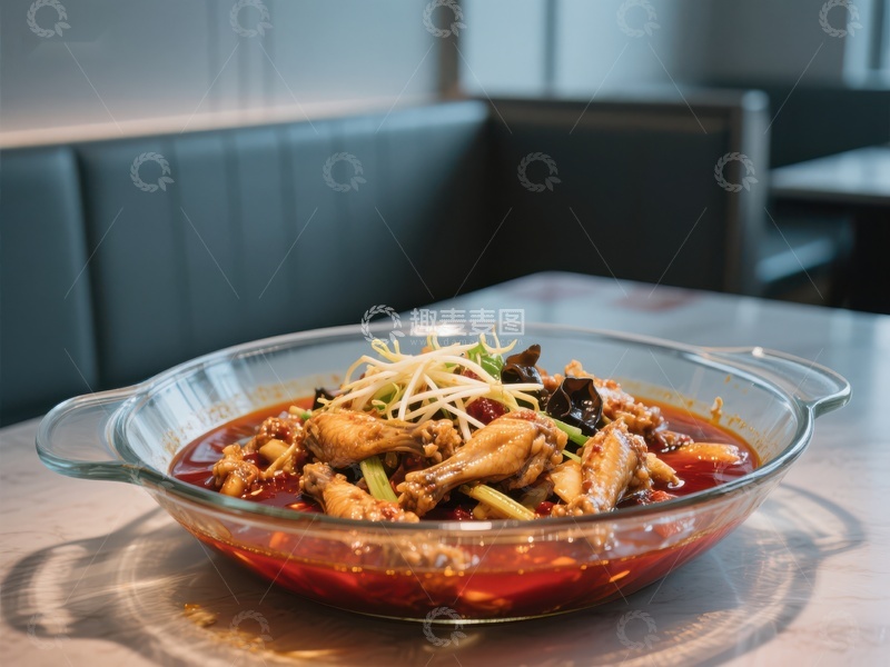 高清大图下载【趣麦麦图】麻辣鸡块配豆芽，玻璃碗装