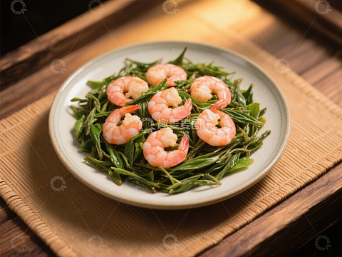 清炒虾仁配绿茶叶