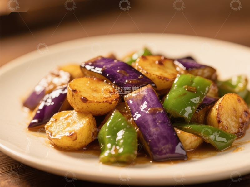 高清大图下载【趣麦麦图】美味炒茄子土豆青椒