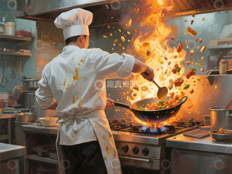高清大图下载【趣麦麦图】厨师厨房炒菜火焰四溅